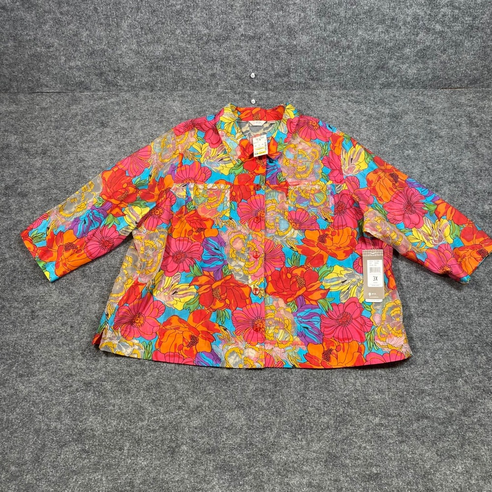 Erin London Sherbet Swirl Floral Button Up Shirt Womens 3X 3/4 Sleeve  NWT
